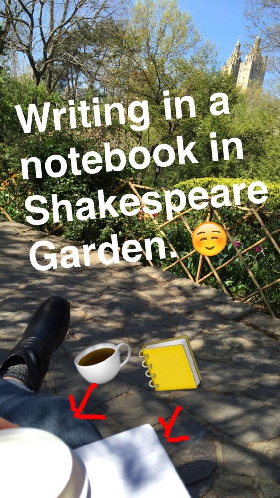 Snapchat pic in Shakespeare Garden with notebook and coffee